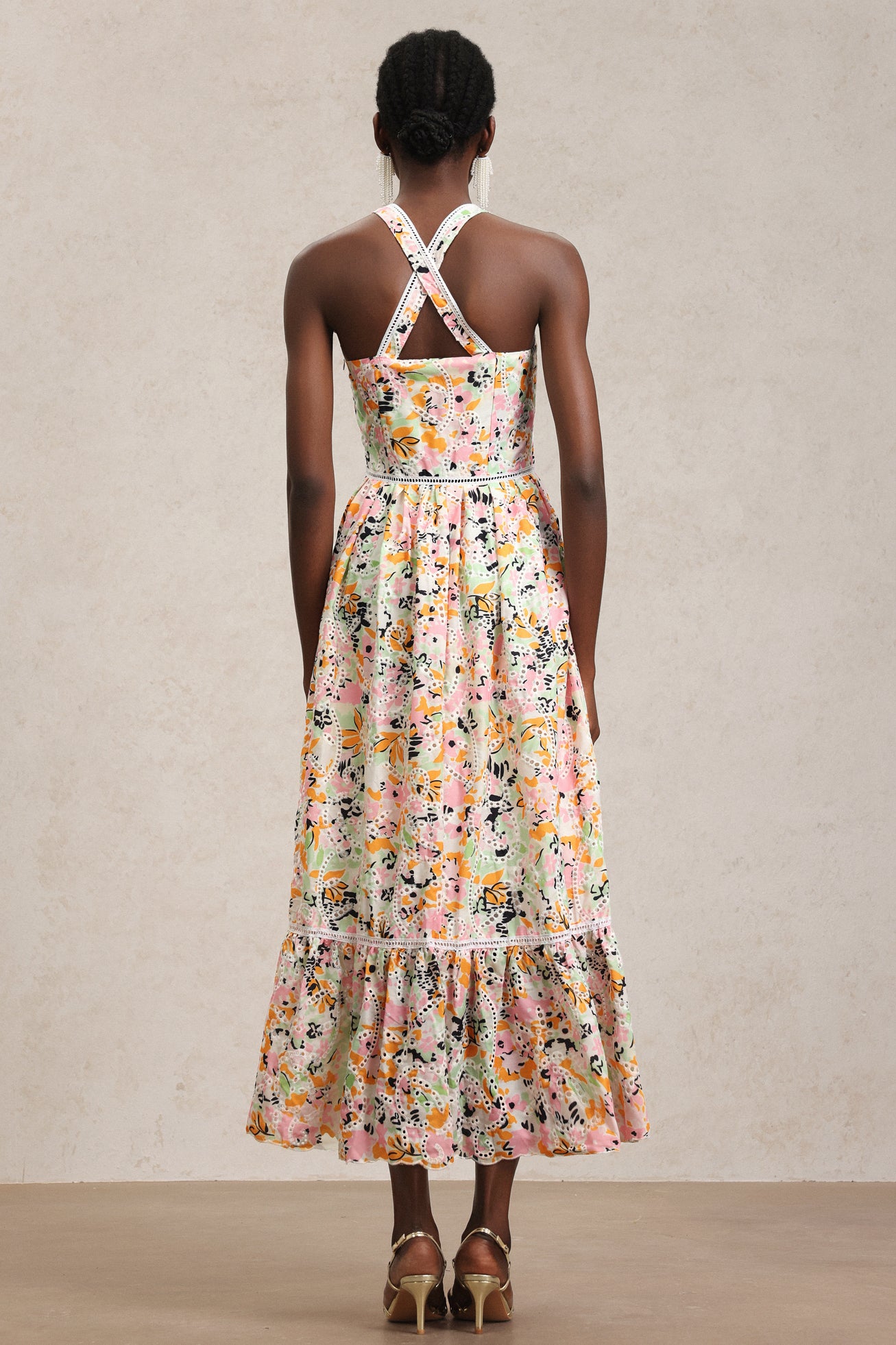 Loru Halter Floral Printed Lace Maxi Dress