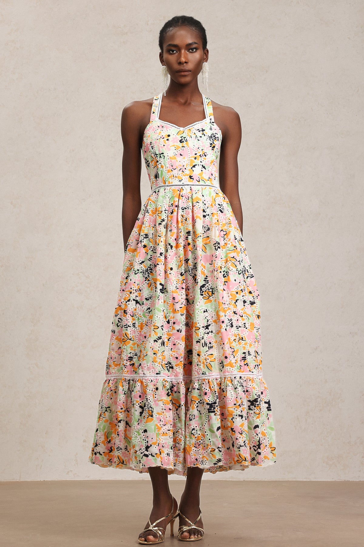 Loru Halter Floral Printed Lace Maxi Dress