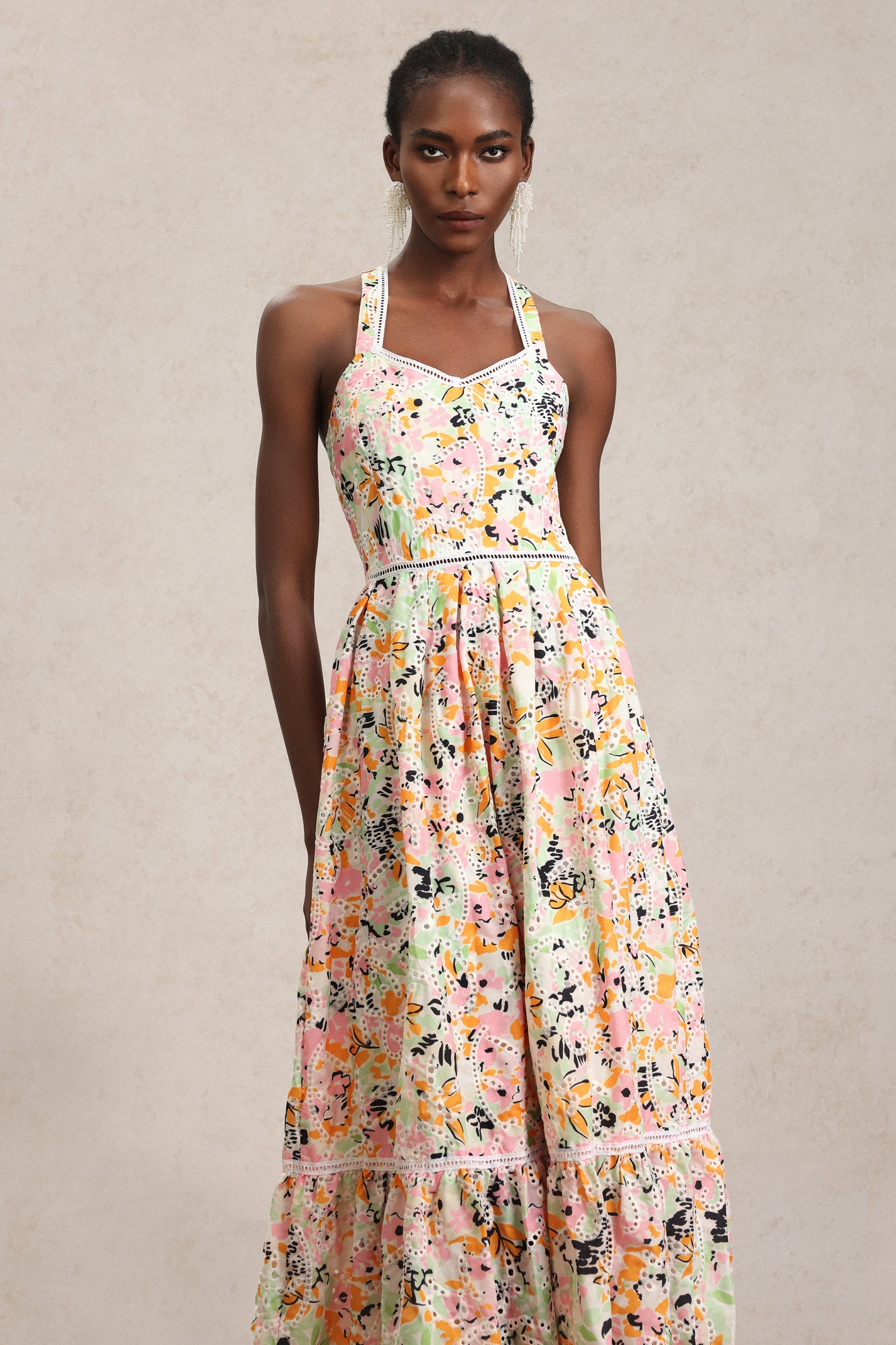 Loru Halter Floral Printed Lace Maxi Dress