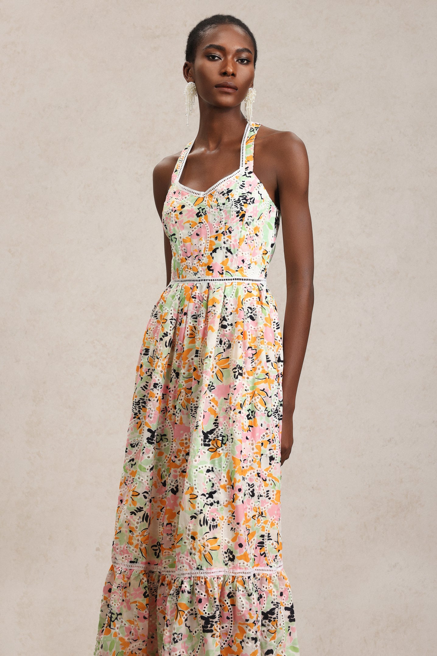 Loru Halter Floral Printed Lace Maxi Dress