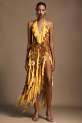 Uri Halter Sleeveless Flounce Printing Maxi Dress