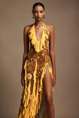 Uri Halter Sleeveless Flounce Printing Maxi Dress