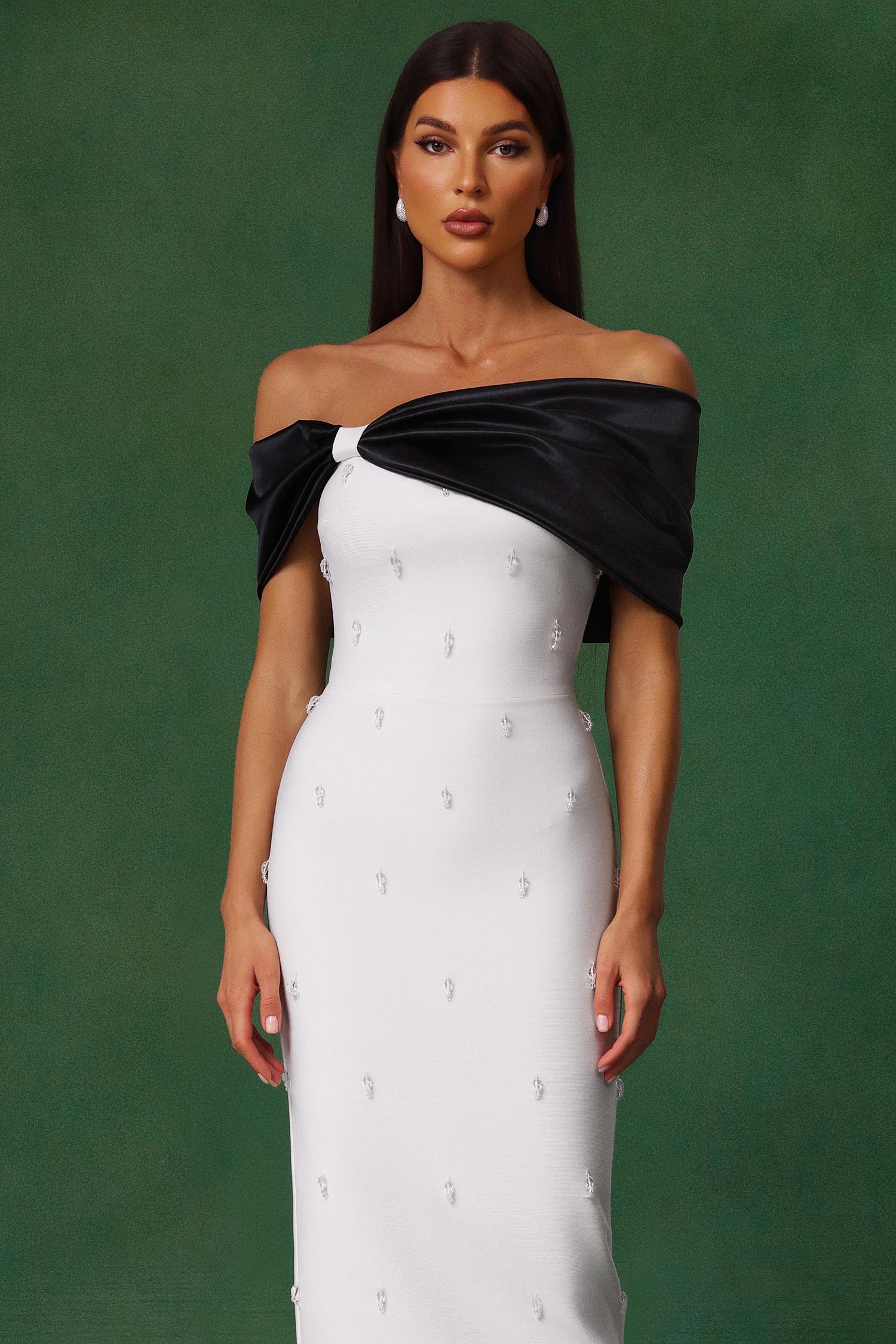 Sharla Off-The-Shoulder Diamond Bow Maxi Dress