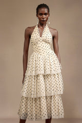 Julieta Sleeveless Dot Printed Layered Folds Midi Dress