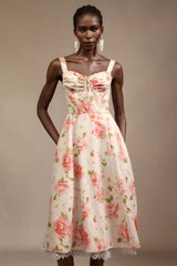 Venia Halter Floral Printed Bowknot Lace Midi Dress