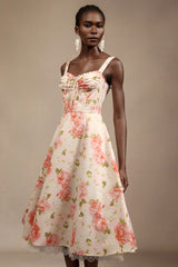 Venia Halter Floral Printed Bowknot Lace Midi Dress