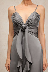 Yvonne Sleeveless V-Neck Flowers Flounce Gray Maxi Dress
