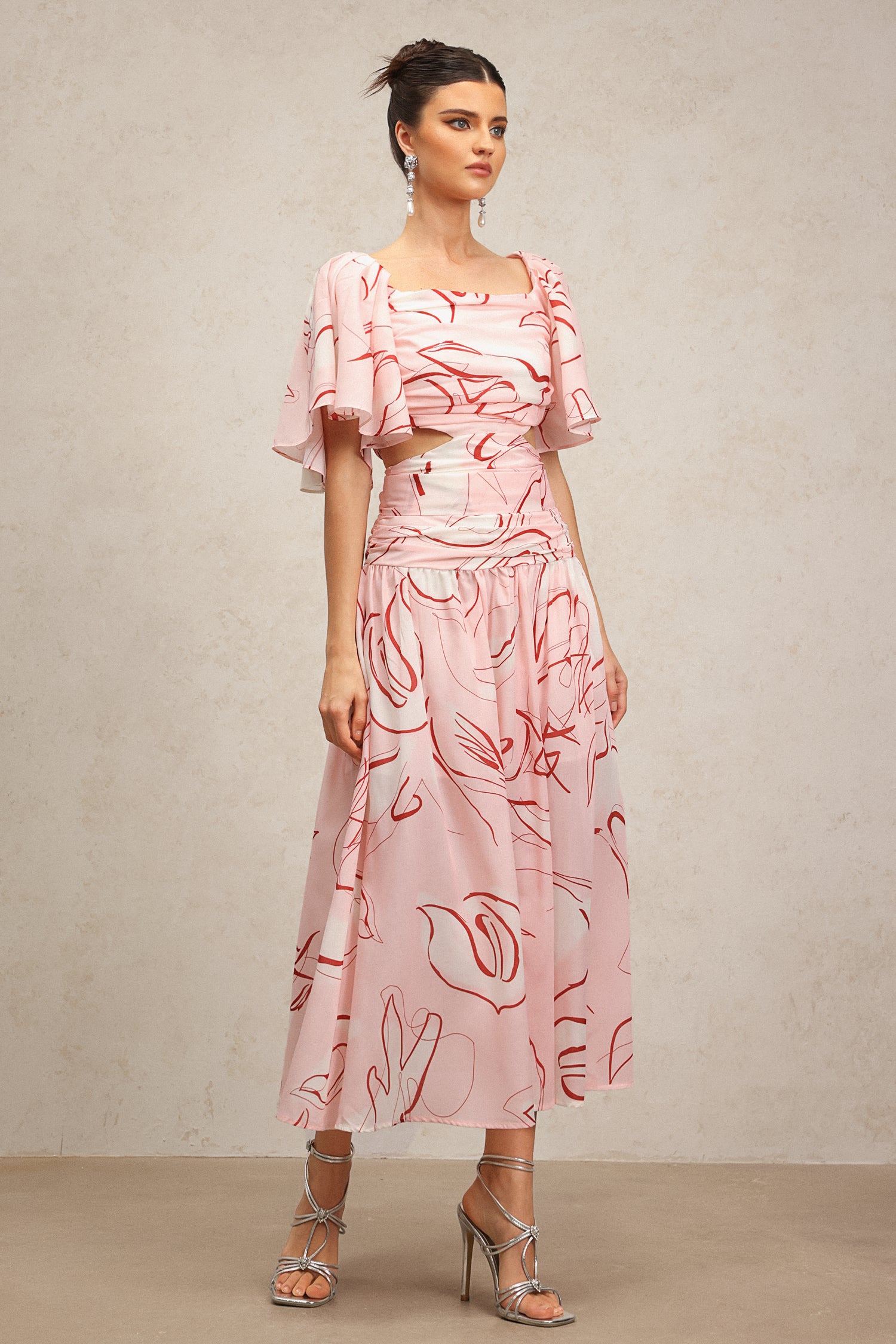 Jillian Puff Short Sleeves Printed Folds Maxi Dress