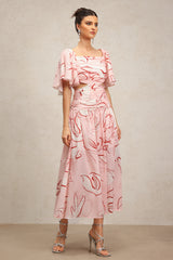 Jillian Puff Short Sleeves Printed Folds Maxi Dress