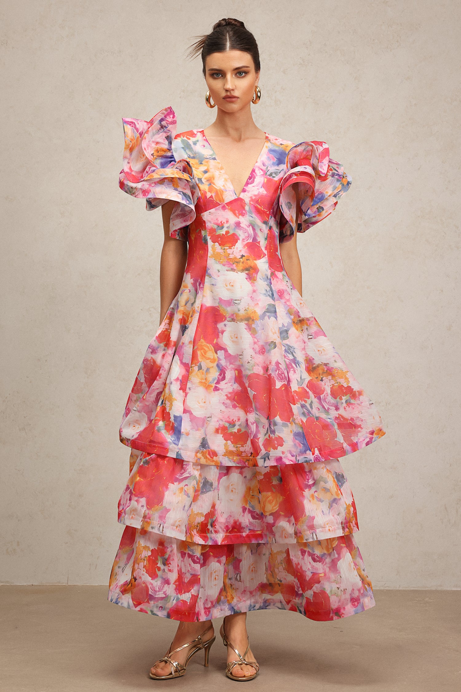 Wenie Printed V-Neck Folds Layered Maxi Dress