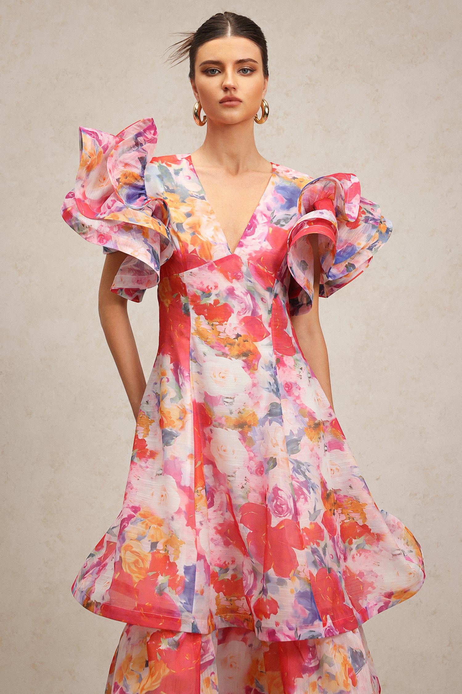 Wenie Printed V-Neck Folds Layered Maxi Dress