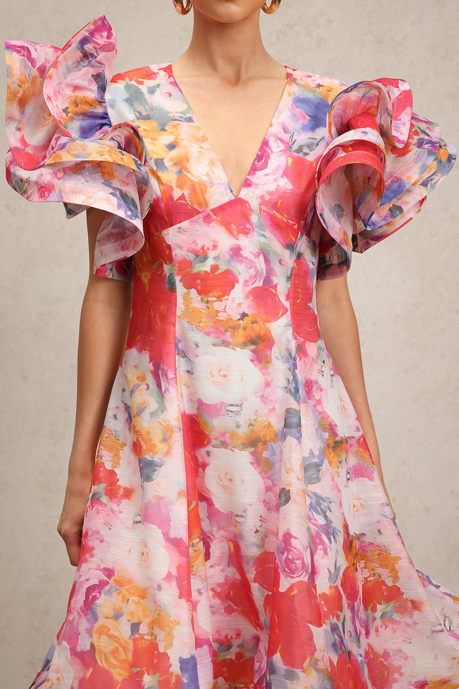 Wenie Printed V-Neck Folds Layered Maxi Dress