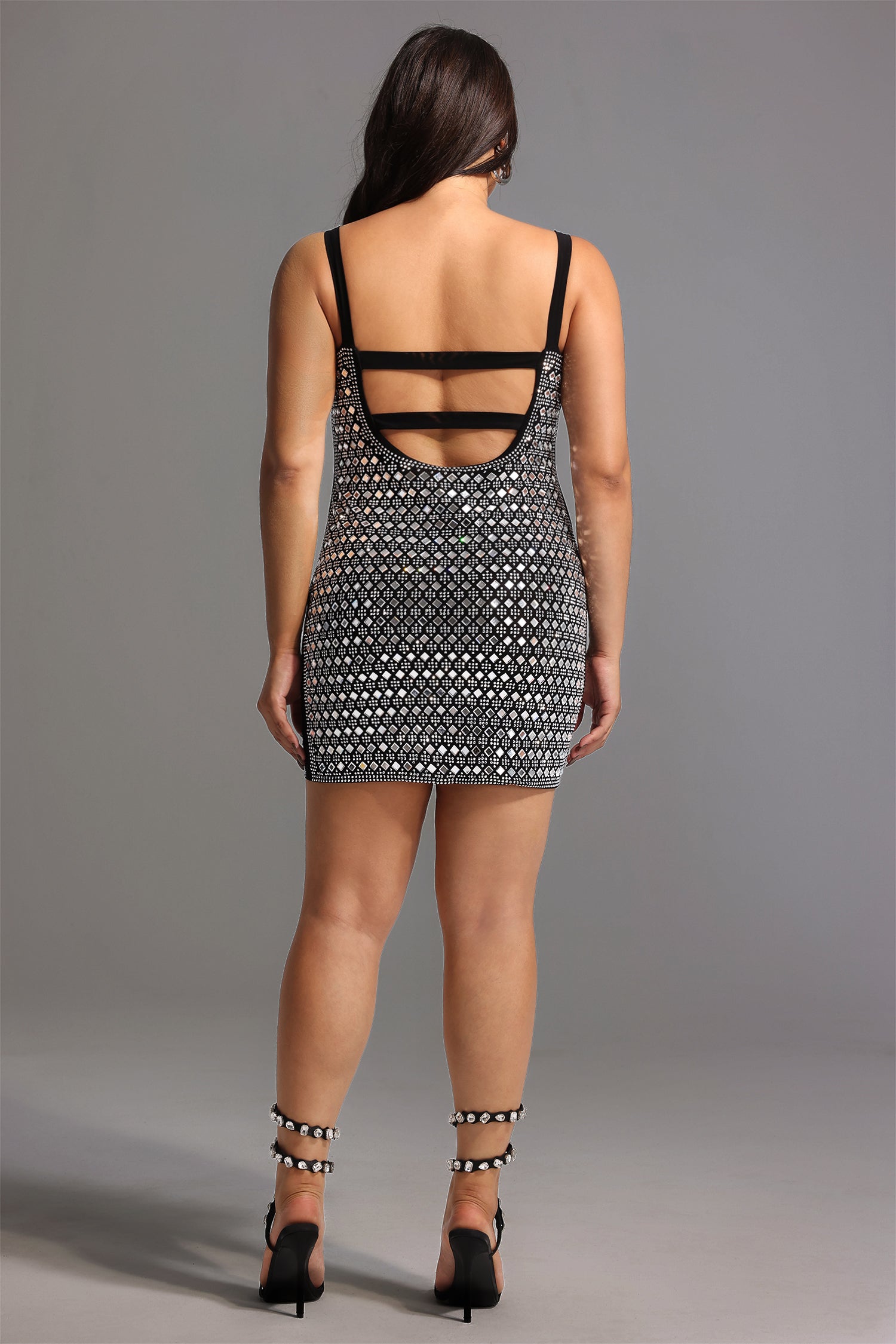 Darcy Rhinestones Halter Bandage Mini Dress - Black