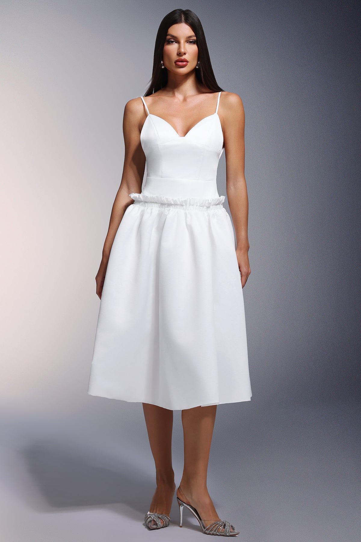 Tutti Deep-V Fold Falbala Midi Dress