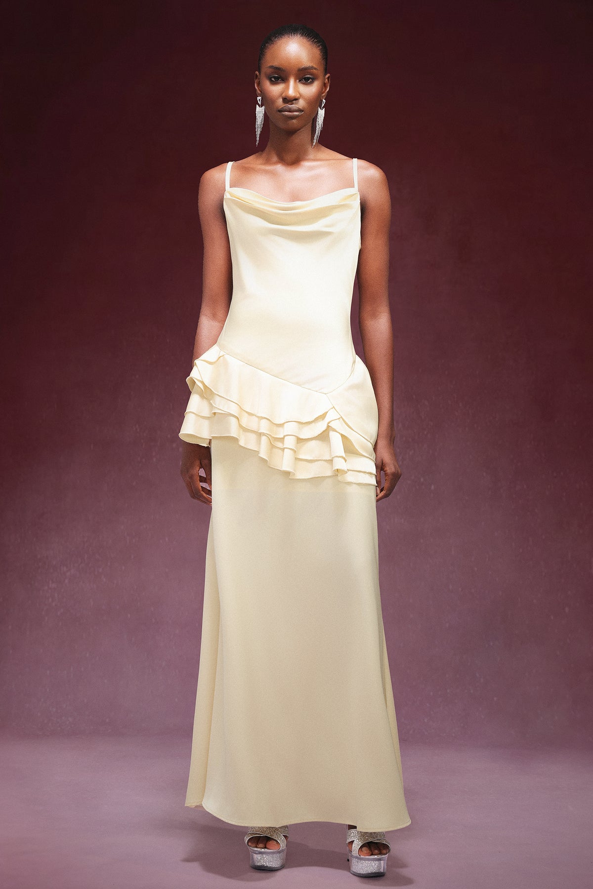 Gunnhild Sleeveless Falbala Satin Maxi Dress