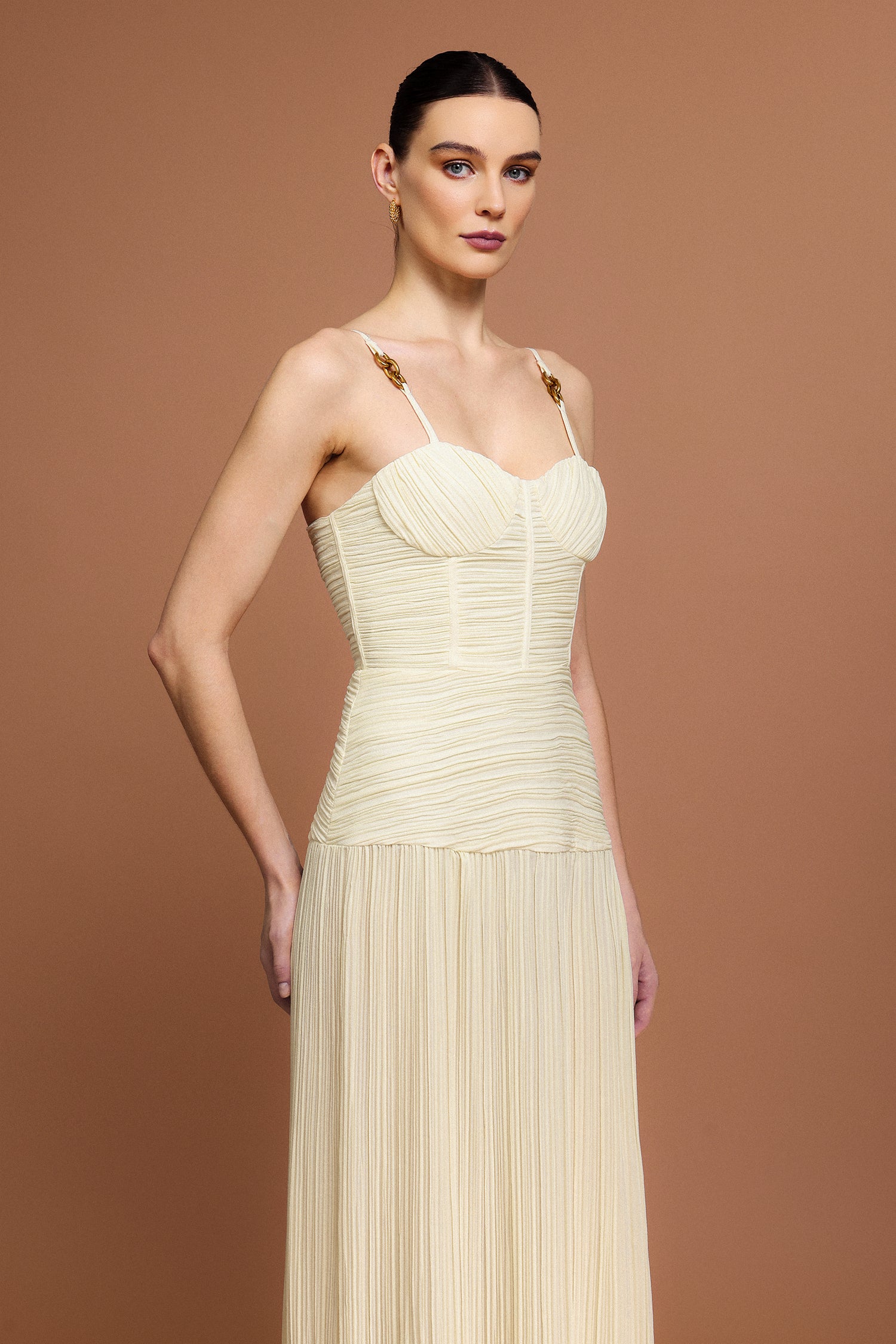 Serena Halter Fishbone Folds Slit Maxi Dress