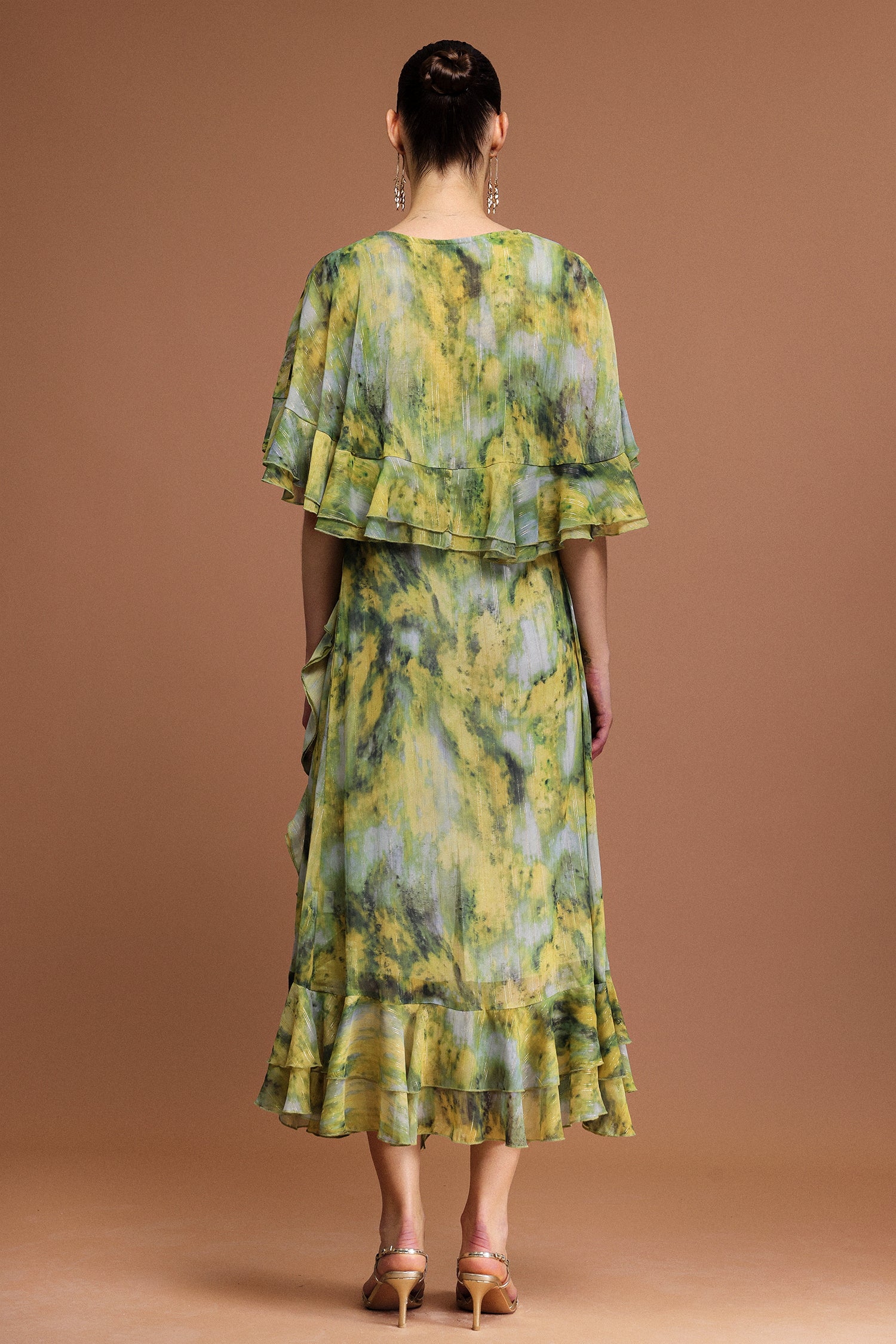 Kasai V-Neck Short Sleeves Printed Folds Maxi Dress