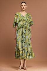 Kasai V-Neck Short Sleeves Printed Folds Maxi Dress