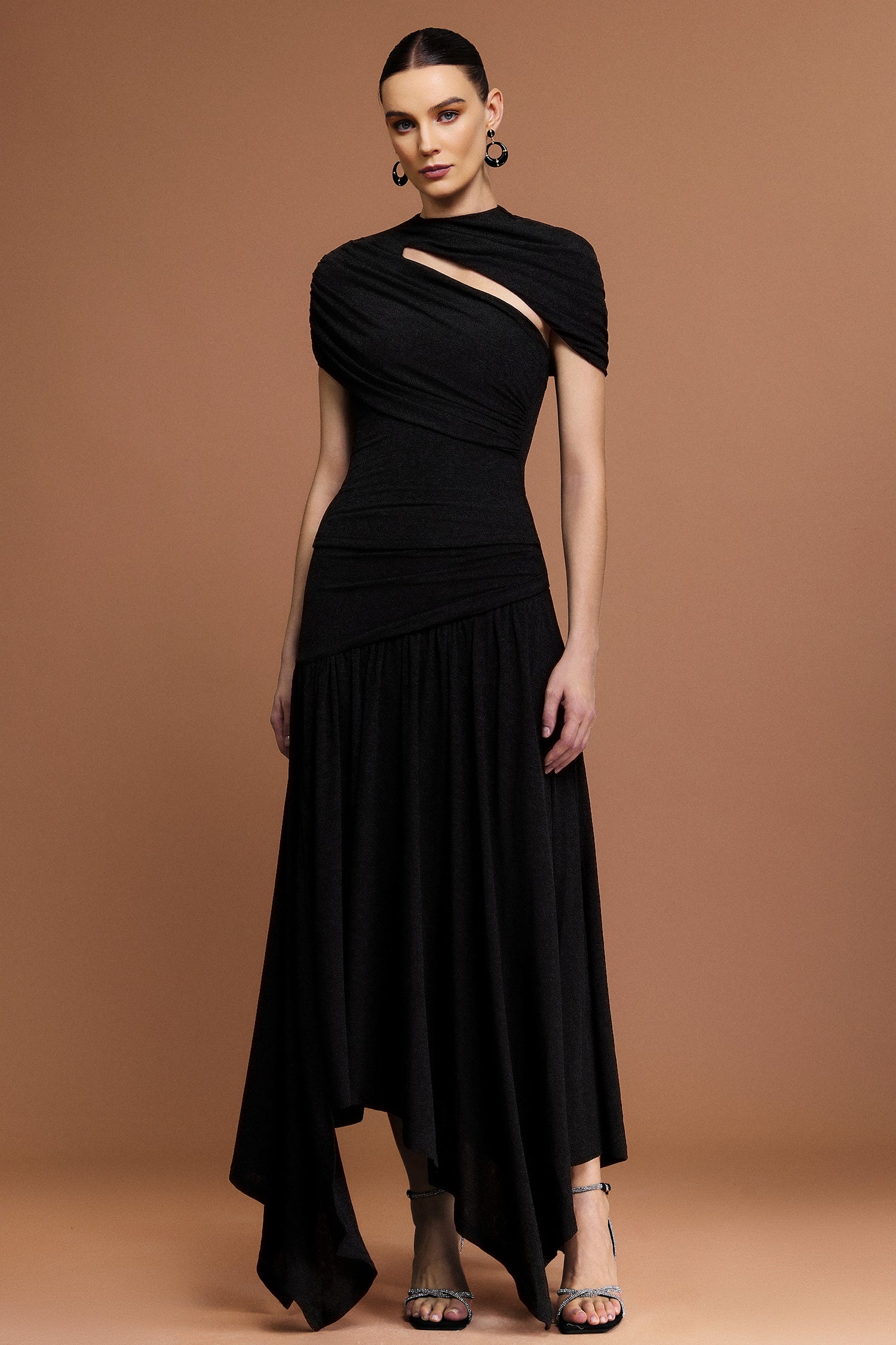 Gaki Short Sleeves Asymmetric Folds Top And Skirt Two-Piece Set