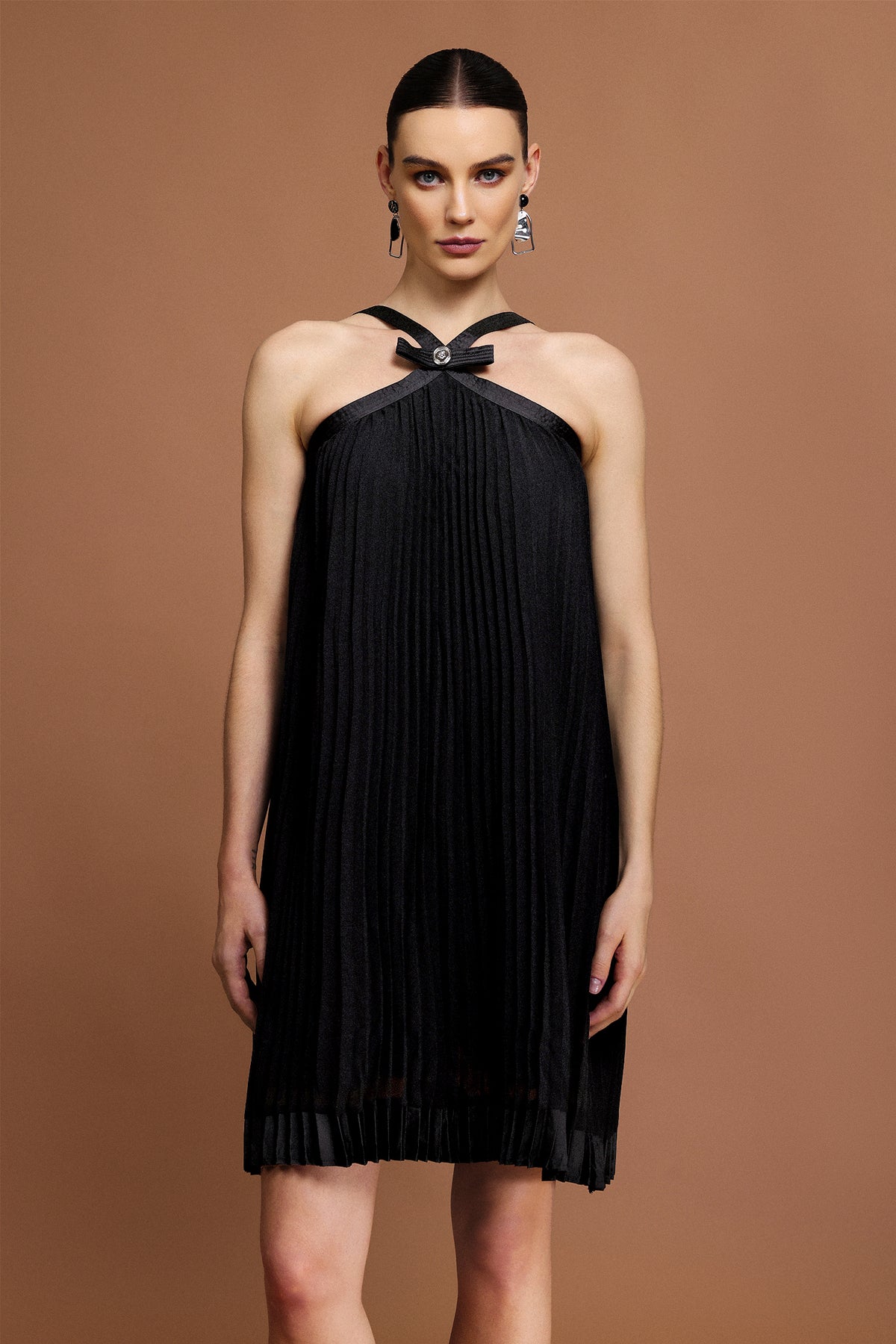 Salerio Sleeveless Bowknot Folds Mini Dress