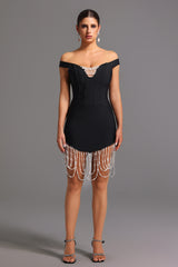 Oval Bandage Off-the-Shoulder Bandage Tassel Pearls Midi Dress