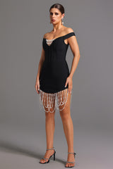 Oval Bandage Off-the-Shoulder Bandage Tassel Pearls Midi Dress