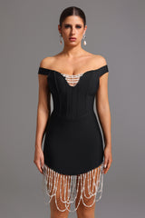 Oval Bandage Off-the-Shoulder Bandage Tassel Pearls Midi Dress