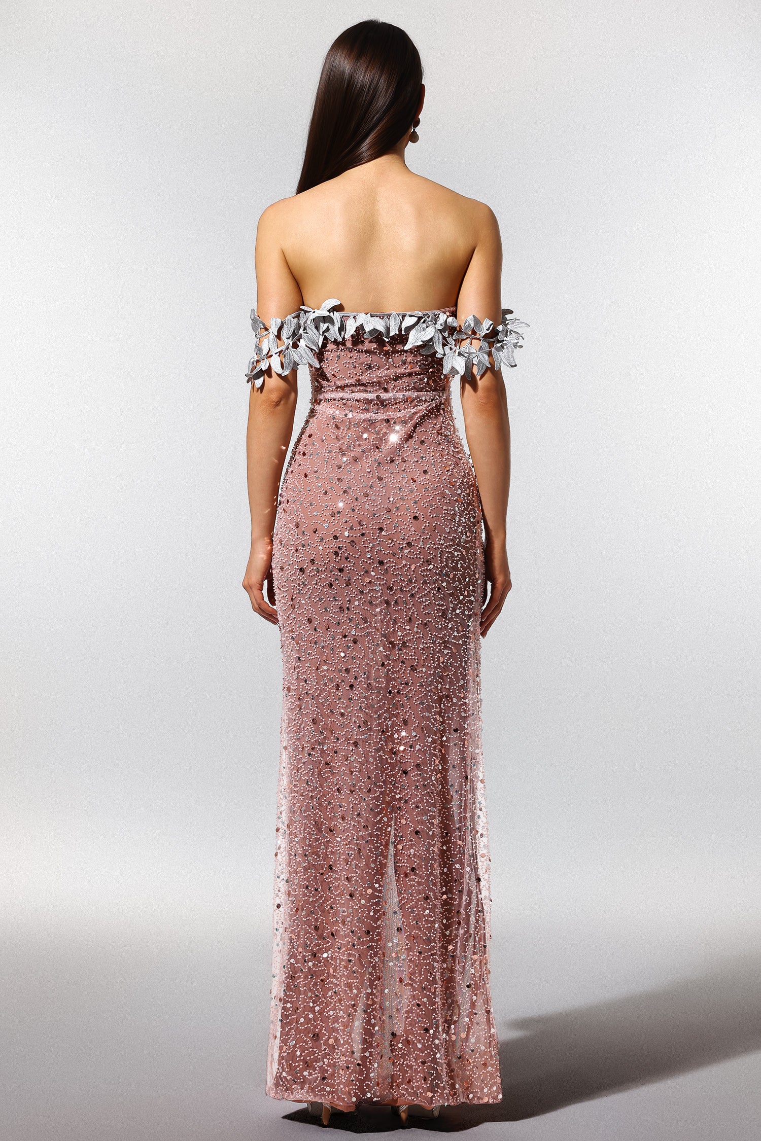 Siola Off-The-Shoulder Lace Slit Sequins Maxi Dress