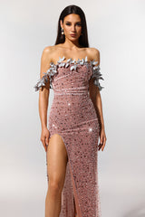Siola Off-The-Shoulder Lace Slit Sequins Maxi Dress