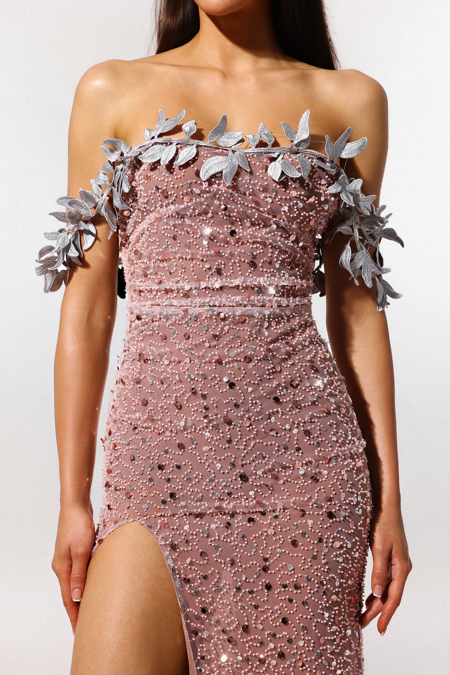 Siola Off-The-Shoulder Lace Slit Sequins Maxi Dress