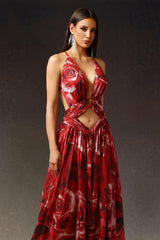 Zem Halter Sleeveless Pearl V-Neck Hollowed Out Print Slit Maxi Dress