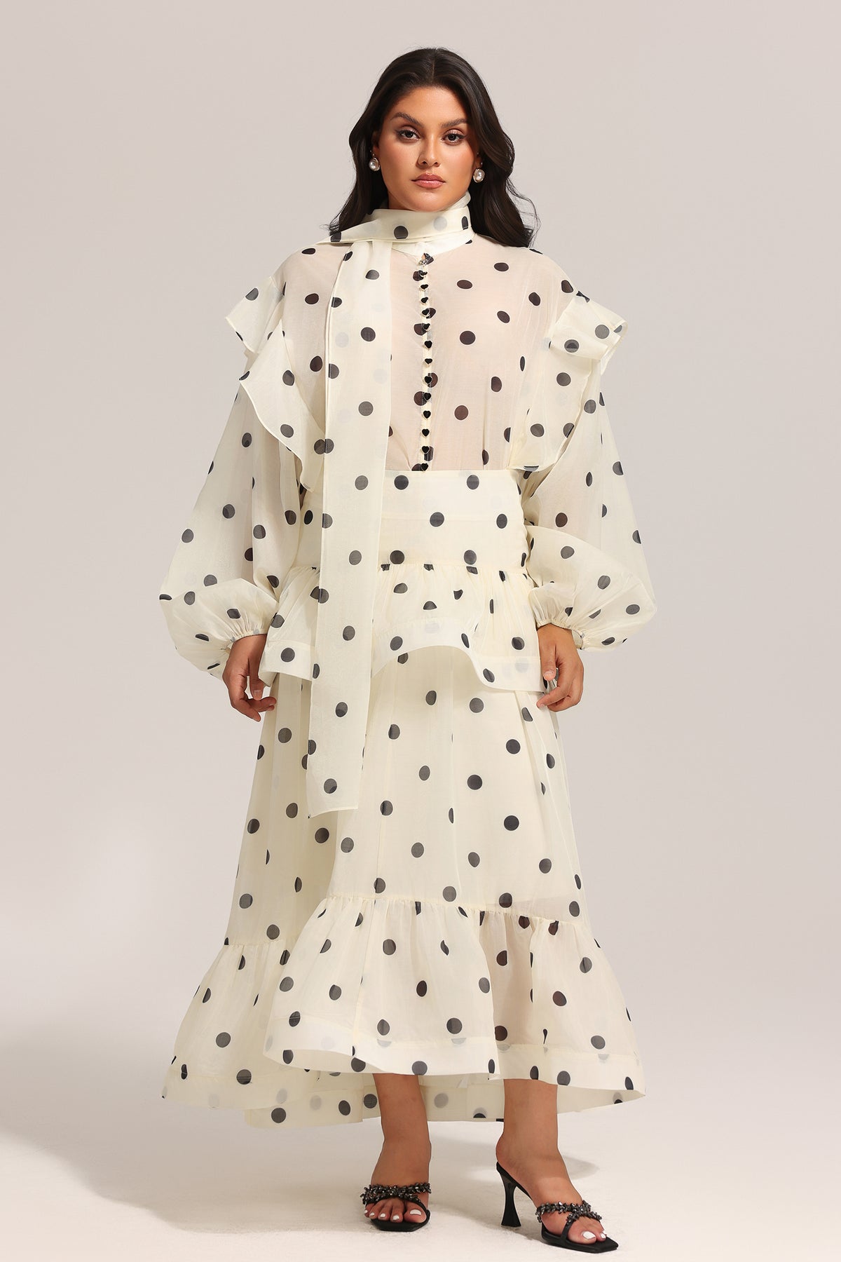 Rode Dot Printed Folds Long Sleeves Top And Skirt Two-Piece Set