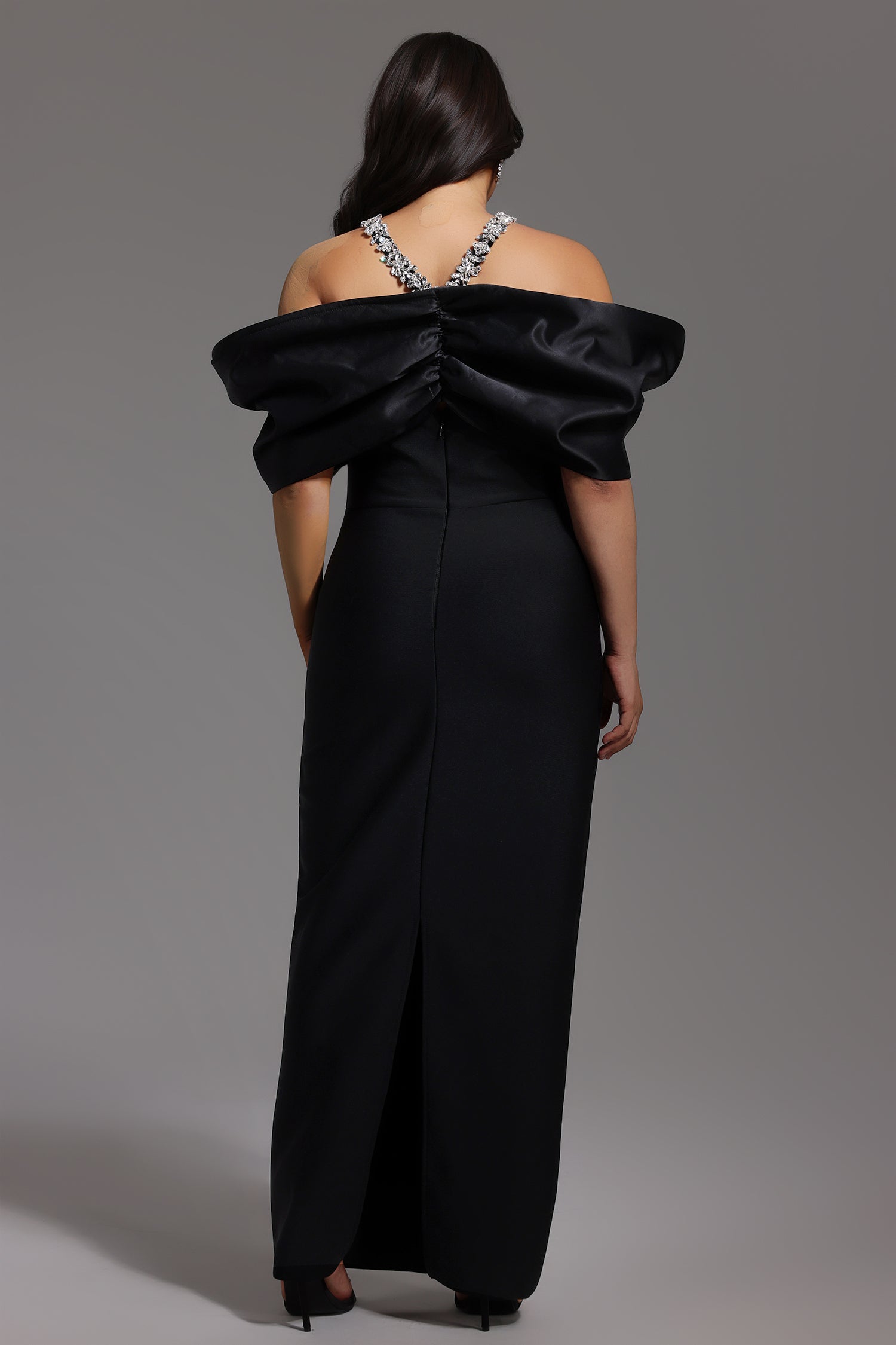 Sloan Halter Diamond Off-The-Shoulder Bandage Maxi Dress