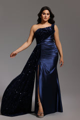 Kerla One Shoulder Sleeveless High Slit Velvet Sequin Maxi Dress