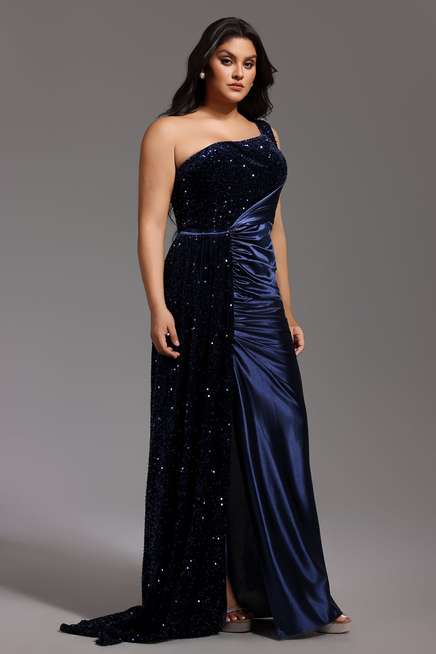 Kerla One Shoulder Sleeveless High Slit Velvet Sequin Maxi Dress