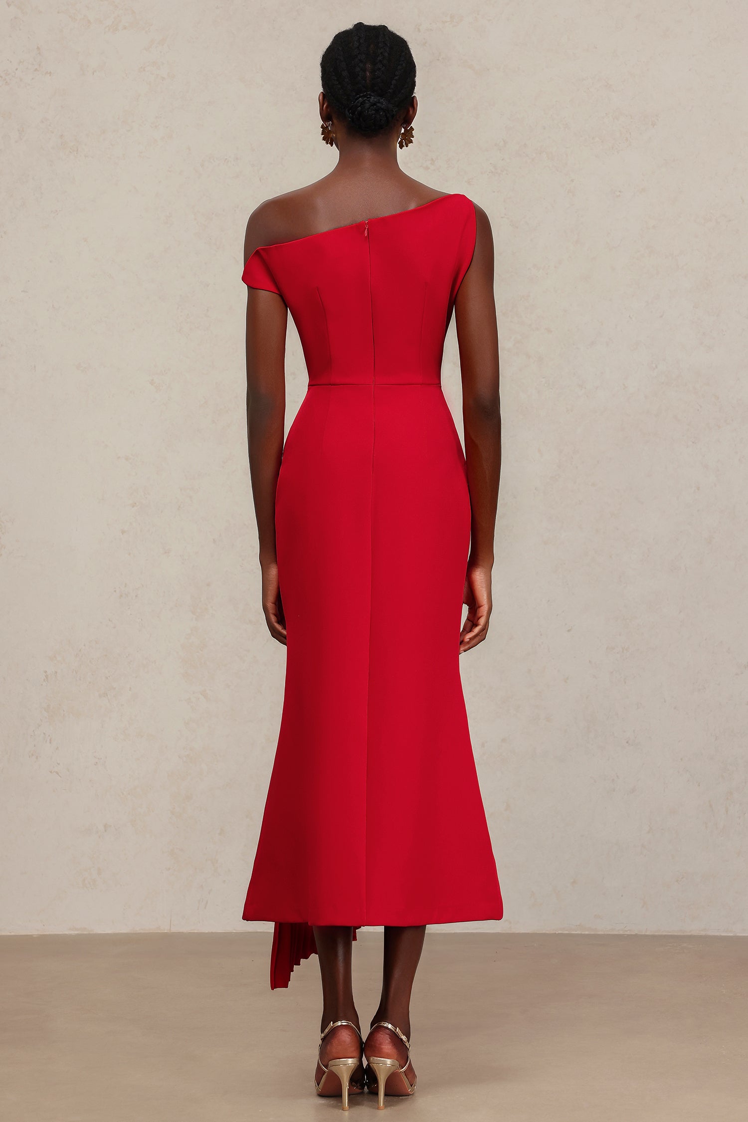 Jillian Oblique Shoulder Sleeveless Folds Midi Dress
