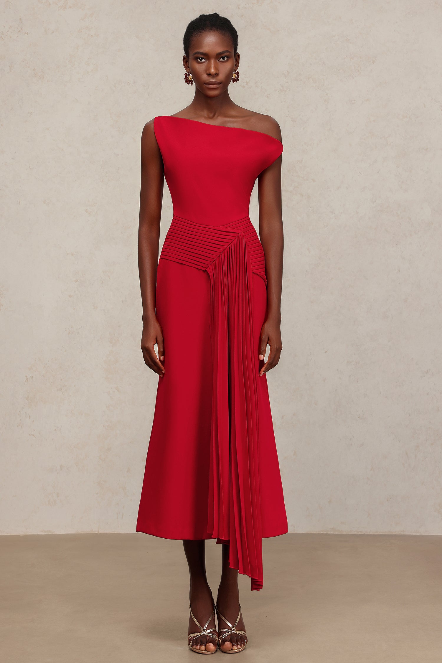 Jillian Oblique Shoulder Sleeveless Folds Midi Dress