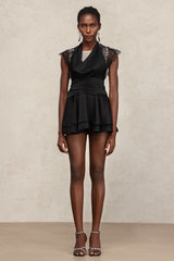 Waza V-Neck Folds Sleeveless Lace Mini Dress