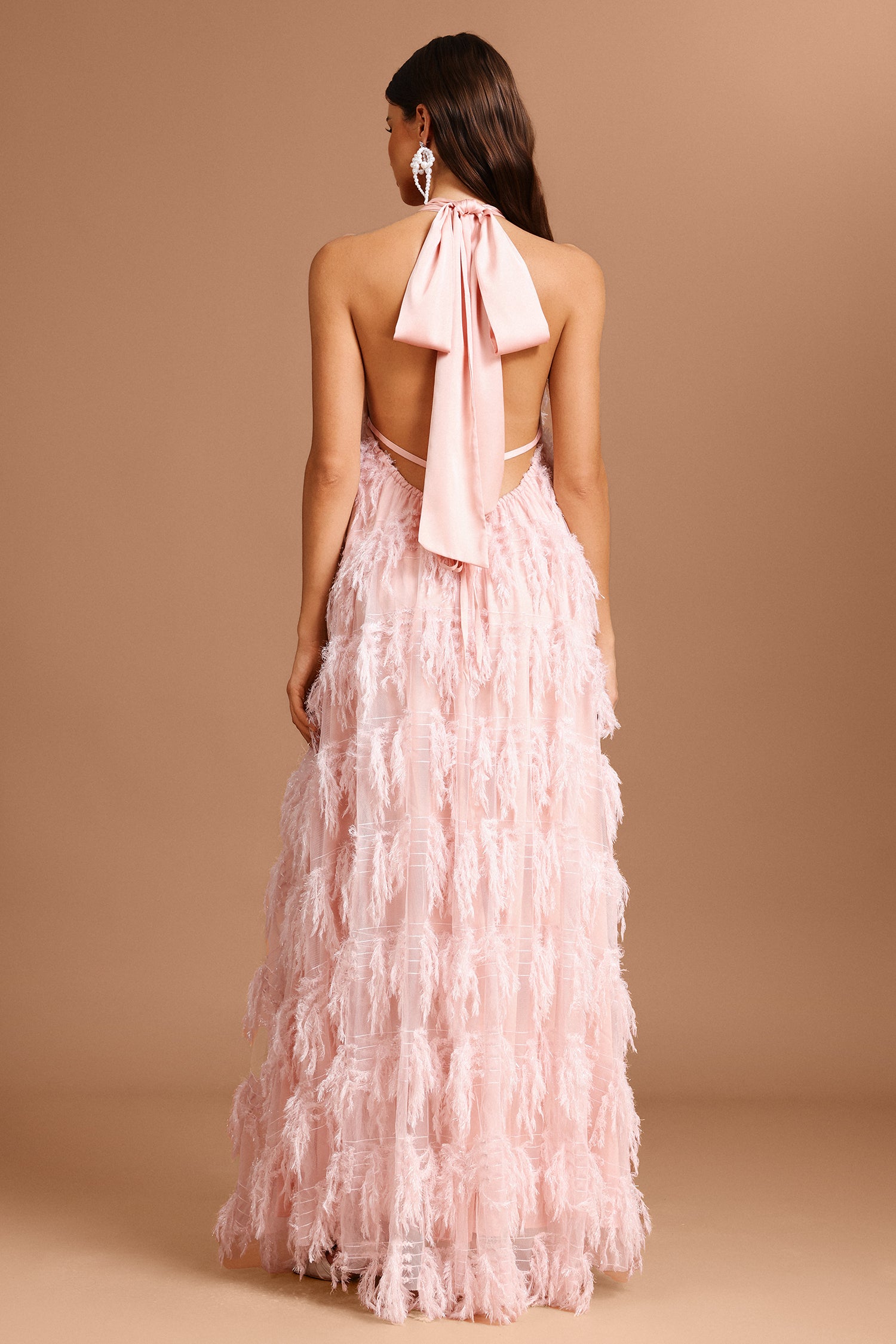 Klore Sleeveless Pearl Tassels Artificial Feather Maxi Dress