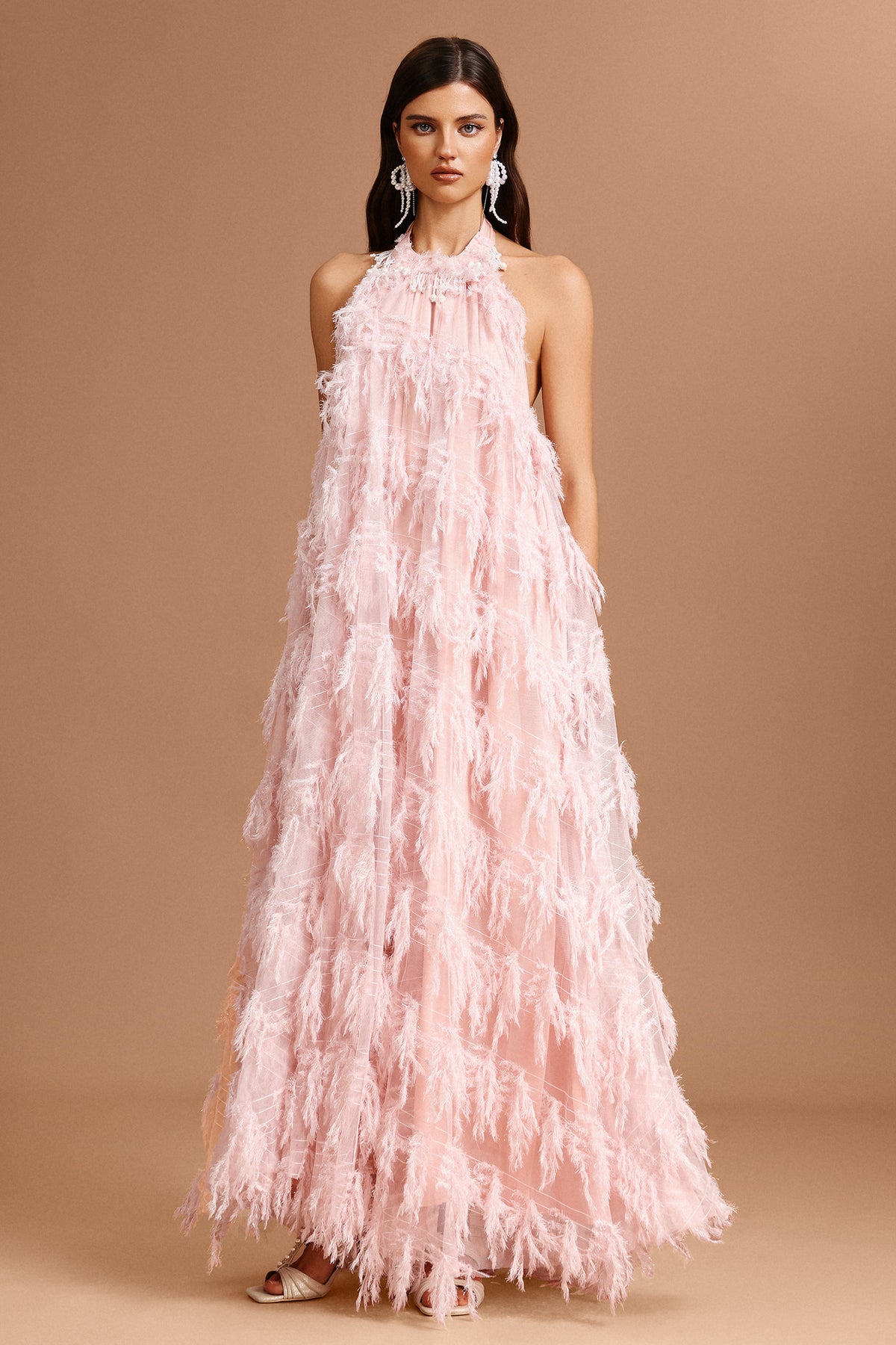 Klore Sleeveless Pearl Tassels Artificial Feather Maxi Dress