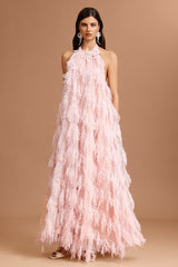 Klore Sleeveless Pearl Tassels Artificial Feather Maxi Dress