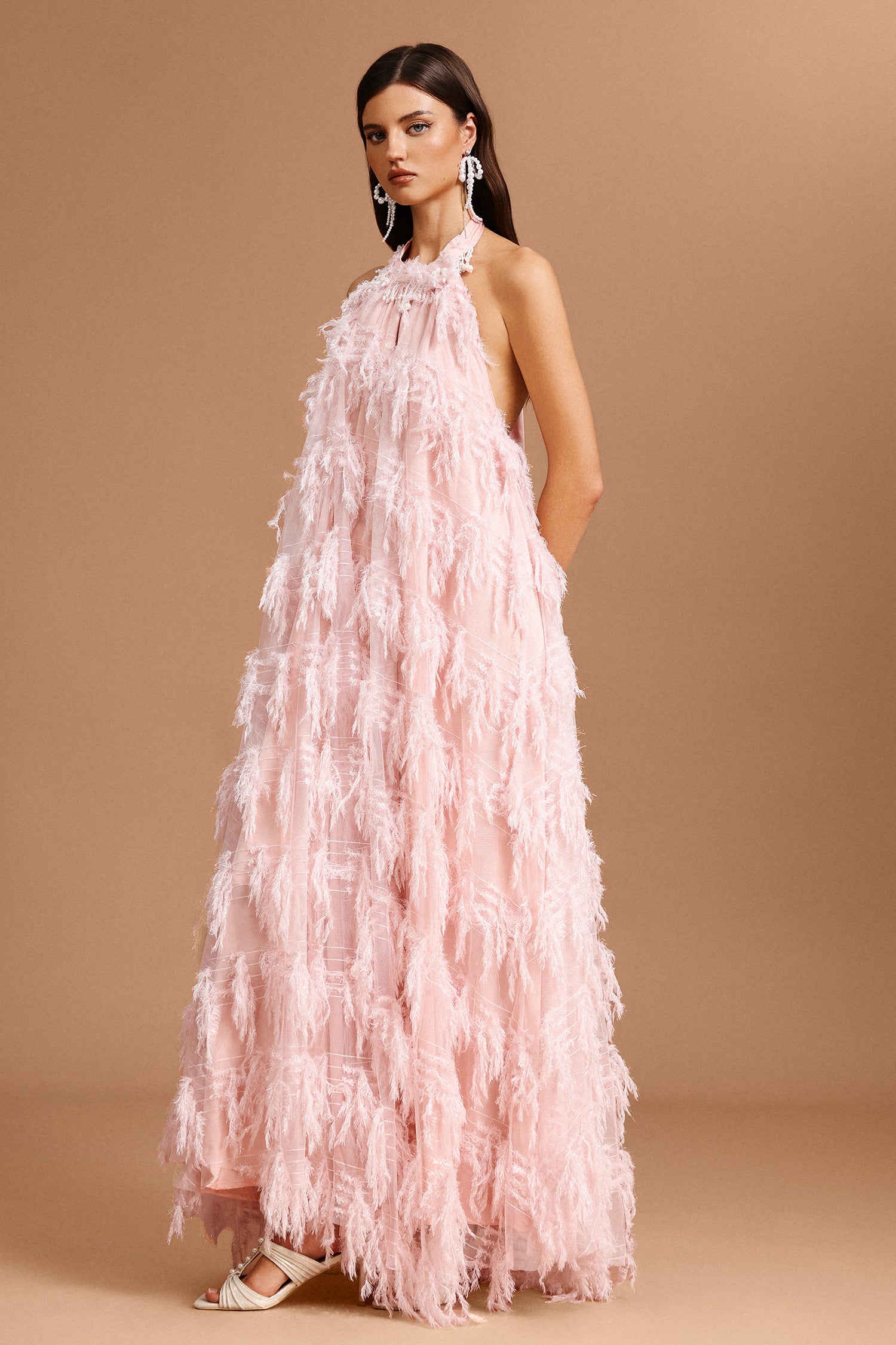 Klore Sleeveless Pearl Tassels Artificial Feather Maxi Dress
