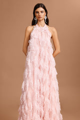 Klore Sleeveless Pearl Tassels Artificial Feather Maxi Dress