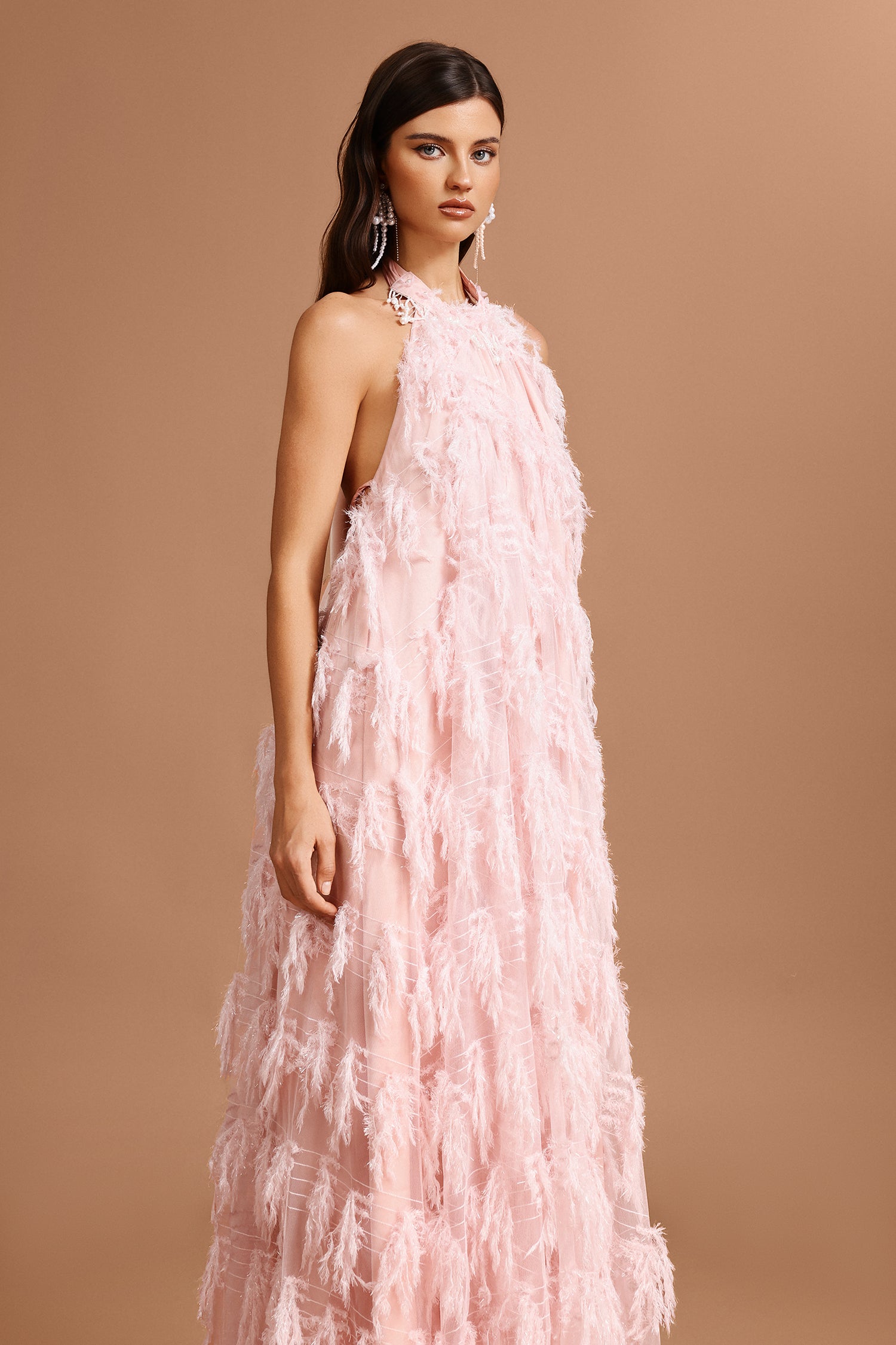 Klore Sleeveless Pearl Tassels Artificial Feather Maxi Dress
