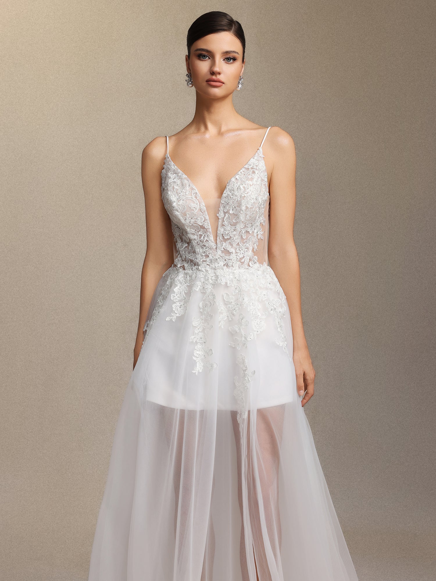 Xaler Halter straps V-neck slit lace mesh maxi wedding dress