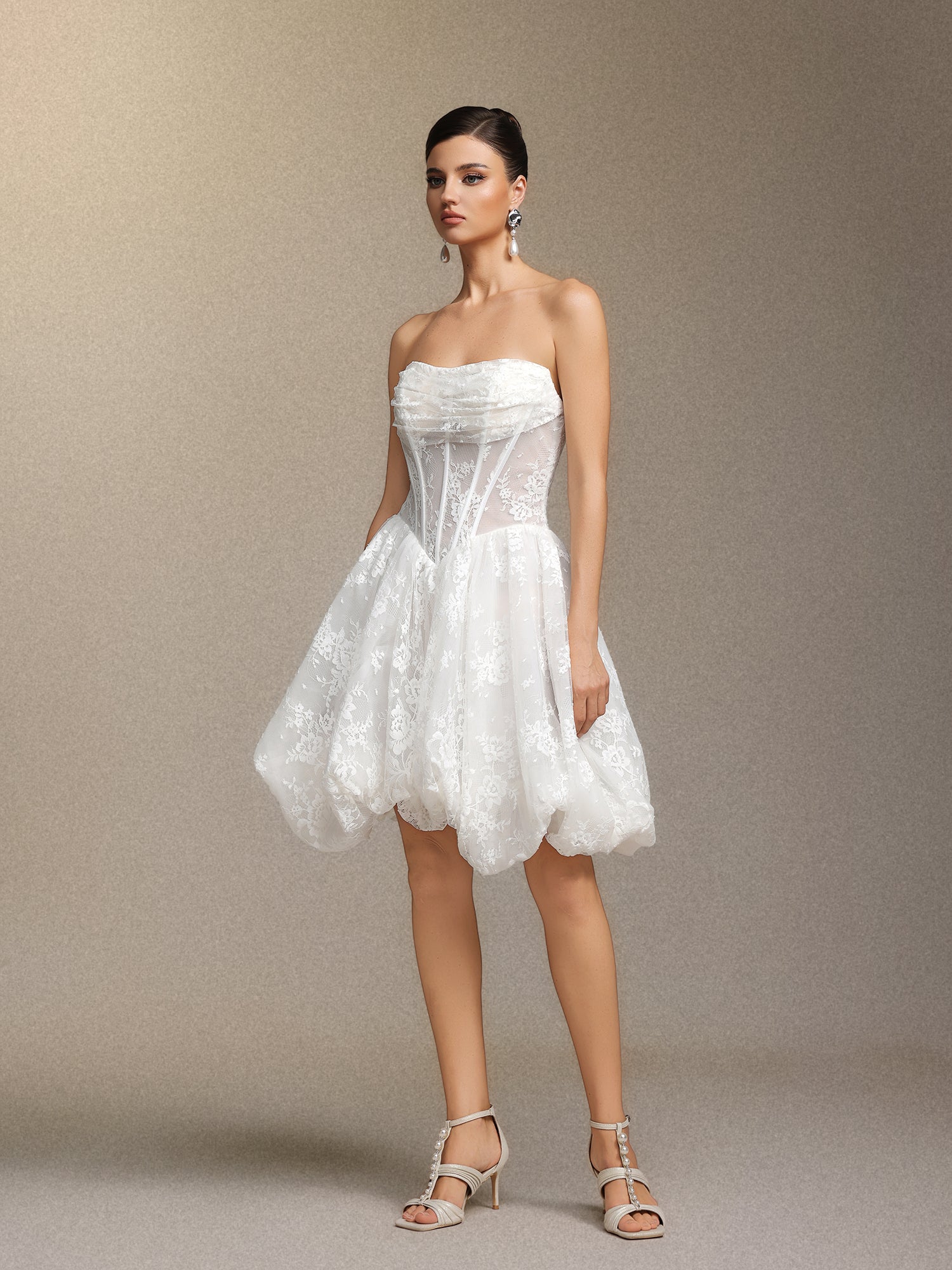 Derya Pleated lace strapless mini dress