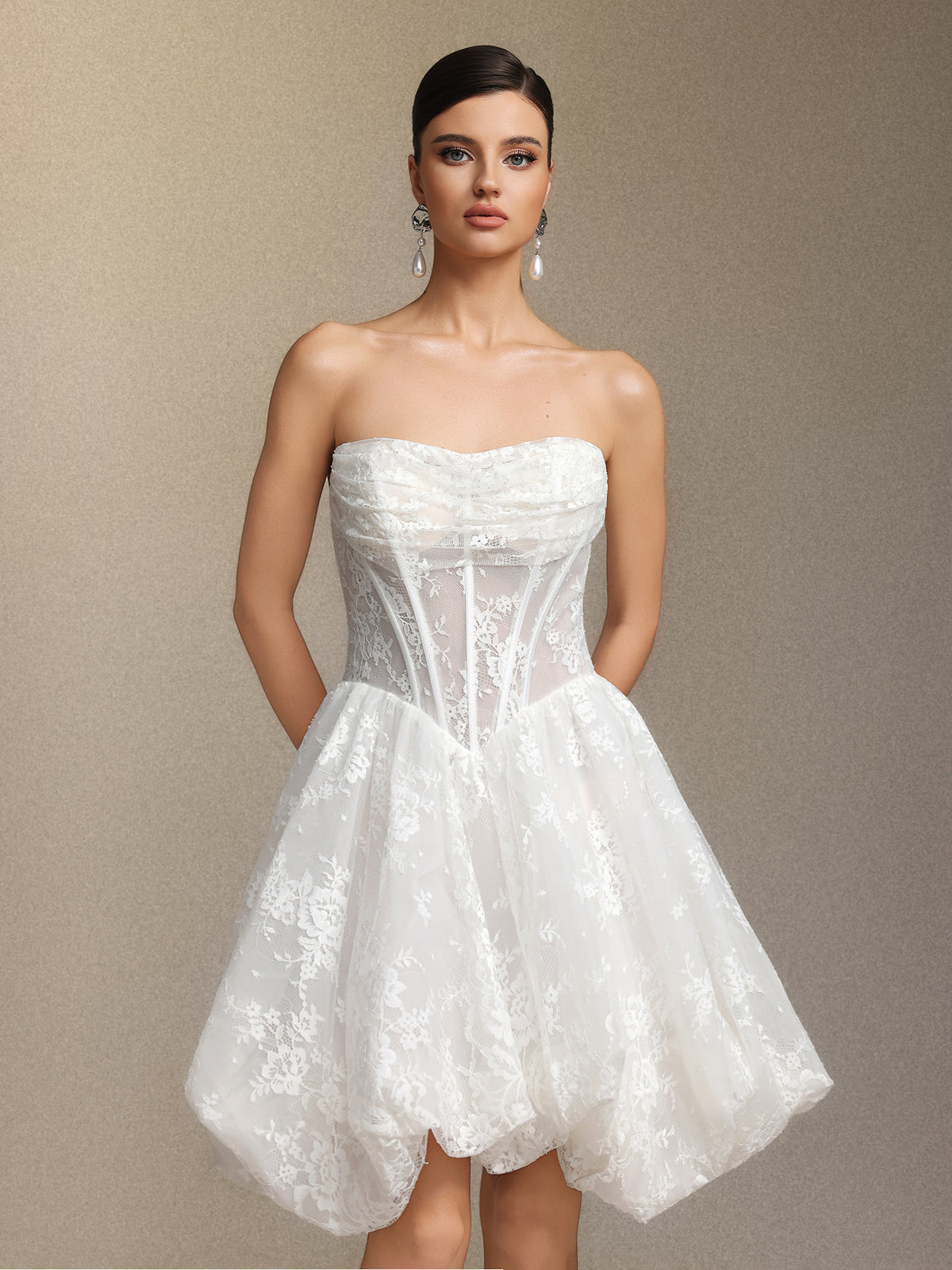 Derya Pleated lace strapless mini dress