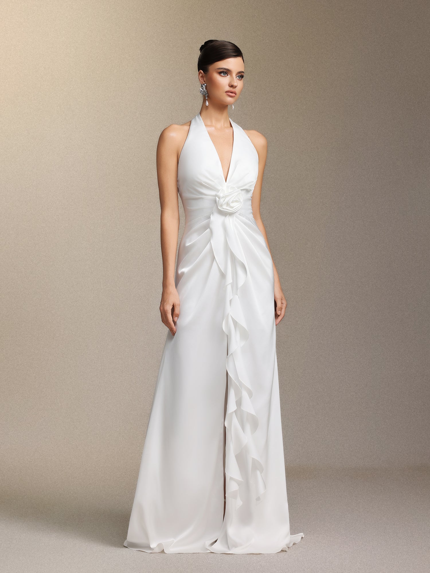 Salla Ruthie Halter-neck three-dimensional flower ruffled cinched waist maxi dress