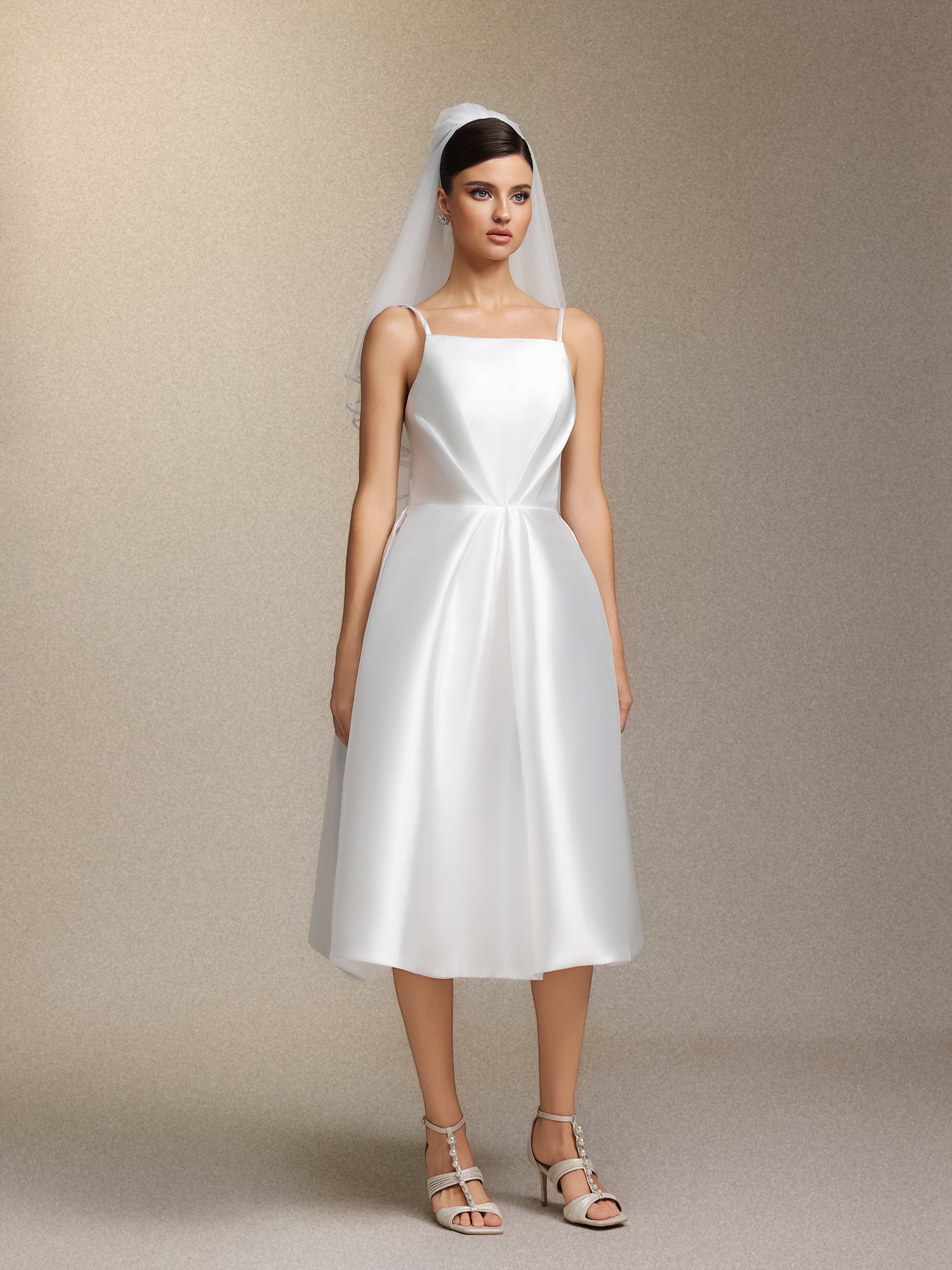 Joy Millipin .Halter top square collar mid-length style midi wedding dress