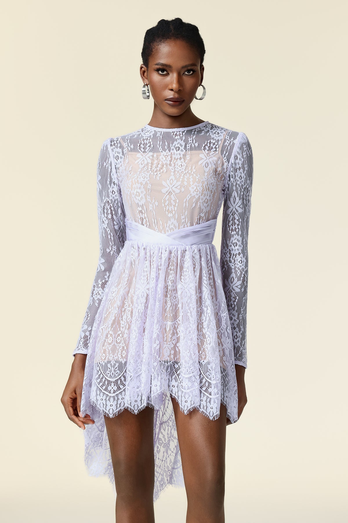 Twyla Round Neck Lace Flowers Long Sleeves Mini Dress
